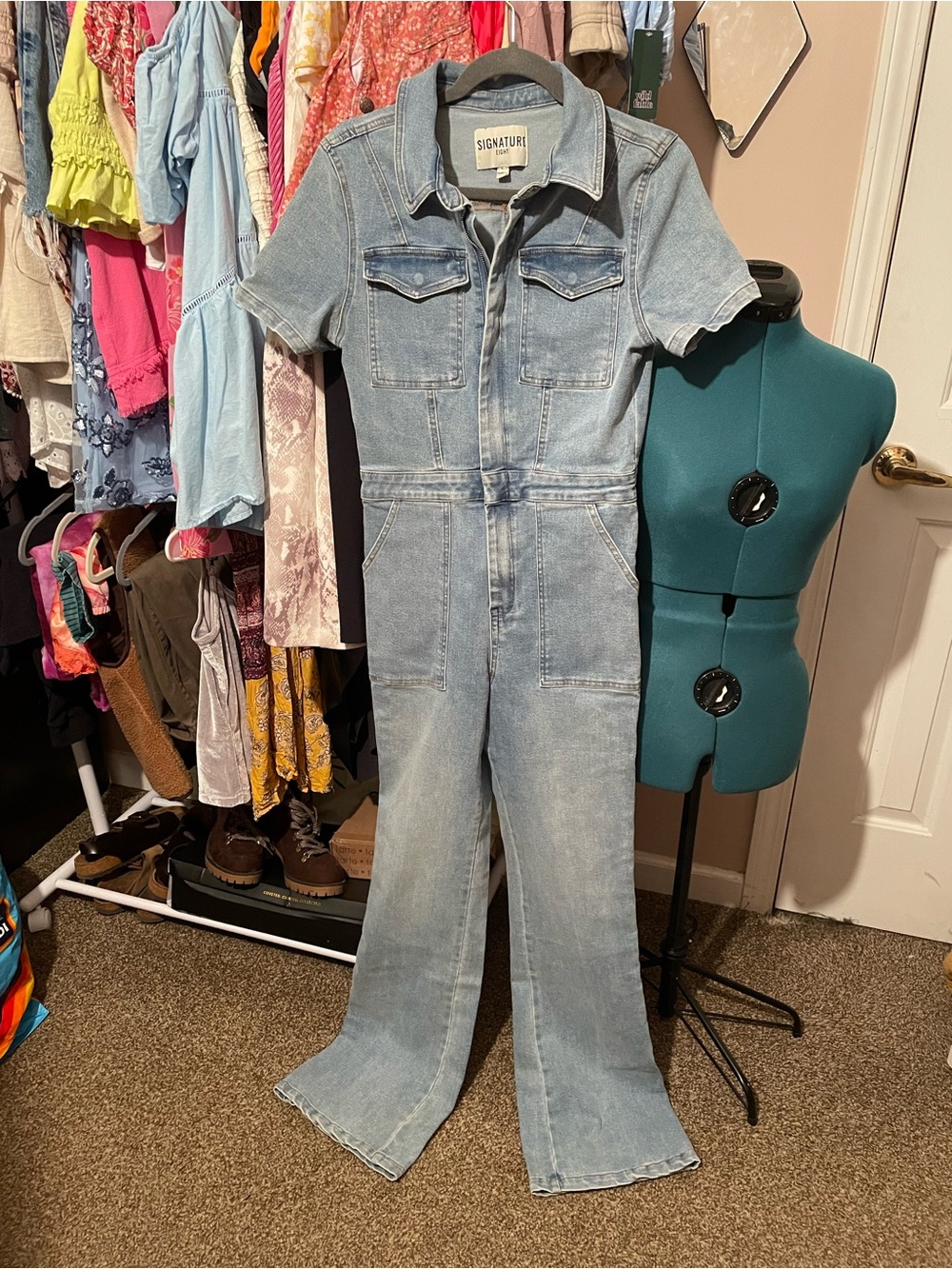 Signature 8 boutique style denim jumpsuit country concert straight leg bootcut L